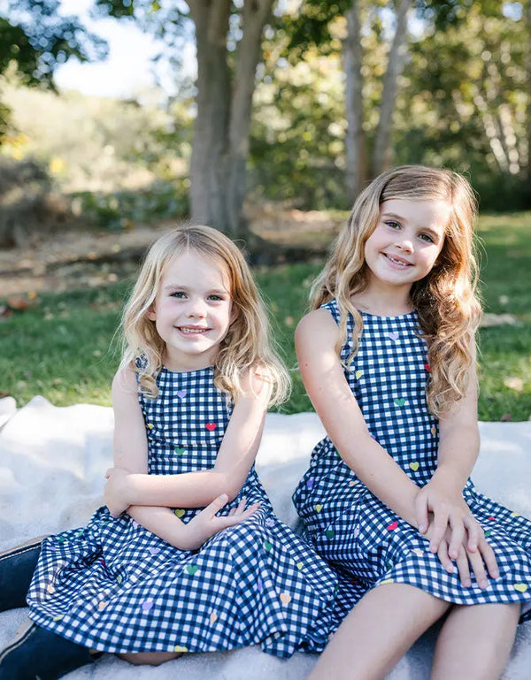 A L L Y – girls classic black gingham and multi-colored hearts dress | Young at Hart